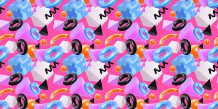 3d abstract seamless pattern with different shape and element on pink color background. 3d design of abstract bright illustration for banner, poster, webの写真素材