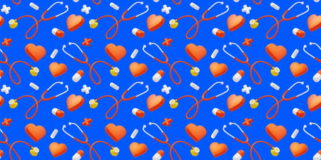 3d medical seamless pattern with heart, stethoscope and pill on blue color background. 3d design of medicine illustration for banner, poster, webの写真素材
