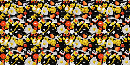 3d seamless pattern with speech bubble, megaphone, arrow and happy emoji on black color background. 3d design of social media illustration with different element for banner, poster, webの写真素材