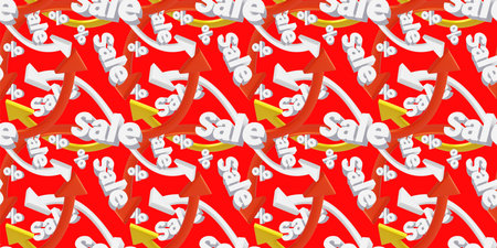 3d sale seamless pattern with different arrow and word sale on red color background. 3d design of illustration for banner, poster, web, printの写真素材