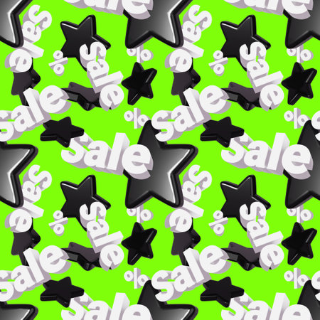 3d sale seamless pattern with black star and word sale on green color background. 3d design of illustration for banner, poster, web, printの写真素材
