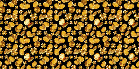 3d luck and wealth seamless pattern with golden clover and coin on black color background. 3d design of Patrick's Day illustration for banner, poster, web, printの写真素材