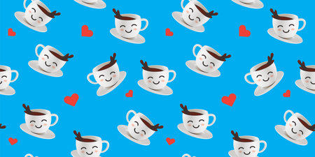 3d abstract seamless pattern with happy coffee cup character on blue color background with heart. 3d design of coffee illustration for banner, poster, web, printの写真素材