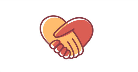 Vector business illustration of friendly handshake on white color background. Flat line art style design of handshake in red heart shape for web, banner, poster, printのイラスト素材