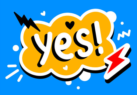Vector illustration of word yes in cloud and flash, heart on color background. Flat style design of word yes for web, banner, poster, print, stickerのイラスト素材