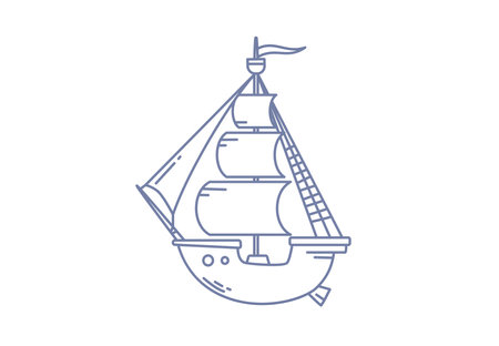 Vector illustration of old ship with sail on white color background. Flat line art style design of ship for web, banner, poster, printのイラスト素材