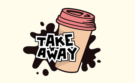 Vector illustration of coffee paper cup with word take away on color background. Black and white line art style design of takeout coffee cup with splash for web, banner, poster, menu, cardのイラスト素材