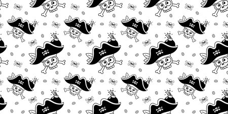 Vector seamless pattern illustration with skull of pirate in captain hat with burning bomb on white color background. Flat line art style design of seamless pattern with pirate and coin for web, banner, game poster, printのイラスト素材
