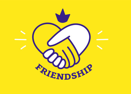 Vector business illustration of friendly handshake on yellow color background with word friendship and crown. Flat line art style design of handshake in heart shape for web, banner, poster, printのイラスト素材