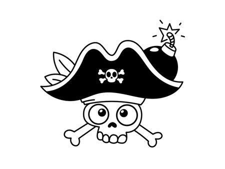 Vector logo illustration of skull of pirate in a captain hat with burning bomb on white color background. Flat line art style design of pirate for web, banner, poster, print, game logotypeのイラスト素材