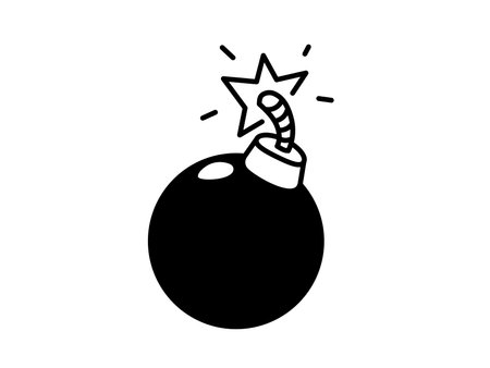 Vector illustration of old bomb with burning wick on white color background. Flat line art style design of fuse bomb for web, banner, poster, print, game iconのイラスト素材
