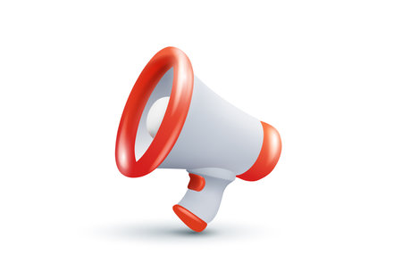 Vector business illustration of megaphone on white color background with shadow. 3d style design of white and red megaphone for web, marketing banner, poster, printのイラスト素材