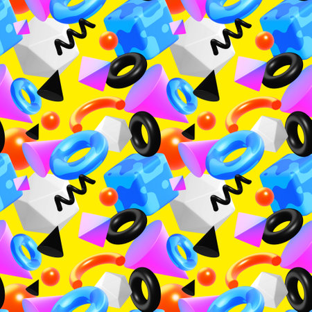 3d abstract seamless pattern with different shape and element on yellow color background. 3d design of abstract bright illustration for banner, poster, webの写真素材