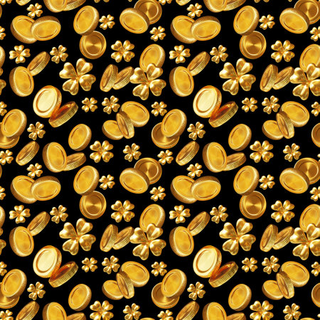 3d luck and wealth seamless pattern with golden clover and coin on black color background. 3d design of Patrick's Day illustration for banner, poster, web, printの写真素材