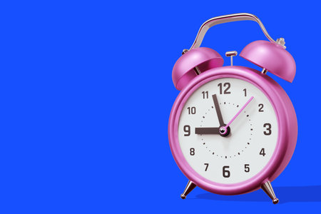 3d illustration of pink retro alarm clock with arrow and shadow on blue color background, right positionの写真素材