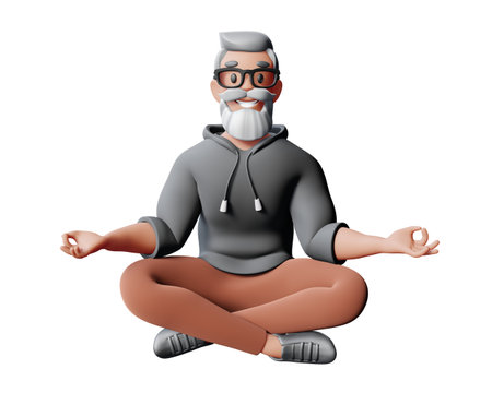 3d illustration of happy business man with gray hair, beard and glasses isolated on white color background. 3d render design of man character sit in yoga pose for web, site, banner, poster, printの写真素材