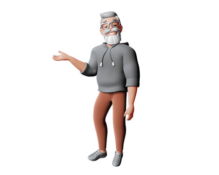 3d illustration of happy business man with gray hair, beard and glasses isolated on white color background. 3d render design of man character stand and show hand for web, site, banner, poster, printの写真素材