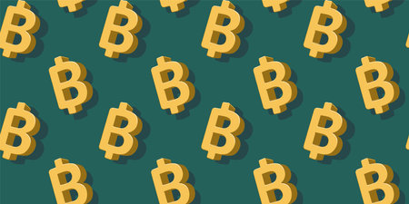 Vector business seamless pattern of golden sign of bitcoin on green color background. Flat style design of sign of bitcoin for web, banner, print, textileのイラスト素材
