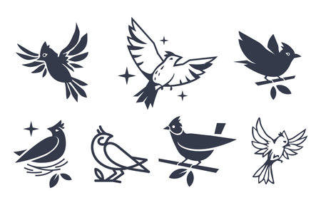 Vector set of illustration of beautiful flying and sitting on branch bird on white color background. Black and white line art flat style design of bird for web, banner, print, textile, greeting cardのイラスト素材