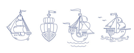 Vector set of illustration of old ship with sail and wave on white color background. Flat line art style design of ship at see for web, banner, poster, printのイラスト素材