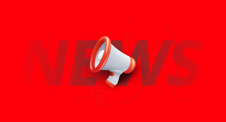 Vector business illustration of megaphone on red color background with shadow and word news. 3d style design of white and red megaphone for web, marketing banner, poster, printのイラスト素材
