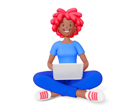 3d illustration of happy business woman with red hair and laptop isolated on white color background. 3d render design of woman character sit in yoga pose in blue clothes for web, site, banner, poster, printの写真素材