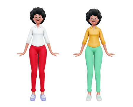 3d illustration of two happy business woman with black hair isolated on white color background. 3d render design of stand woman character in different color clothes for web, site, banner, poster, printの写真素材