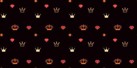 Vector seamless pattern with beautiful jewelry on black color background. Flat line art style design of seamless pattern with crown, diamond, star for web, banner, poster, printのイラスト素材