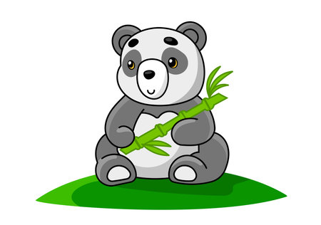 Vector illustration of panda animal with bamboo on green grass background. Flat line art style design of beautiful bear for web, banner, poster, printのイラスト素材