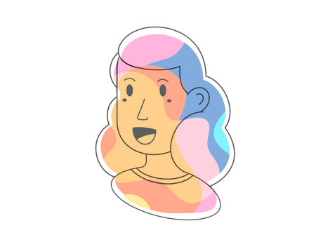 Vector illustration of colorful female head with hair on white color background. Flat line art style isometry design of woman portrait for web, banner, poster, printのイラスト素材