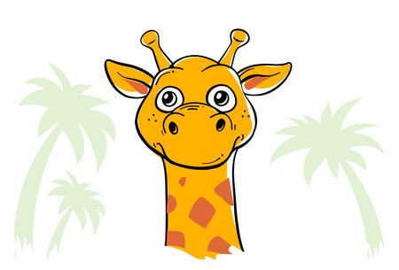 Vector illustration of animal giraffe with palm tree on white color background. Flat line art style design of head of giraffe with spot for web, banner, poster, printのイラスト素材