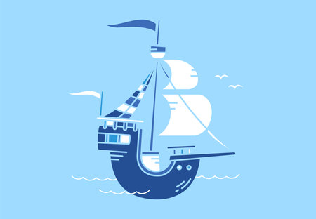 Vector sea illustration of old ship with sail on blue color background. Flat line art style design of ship with wave and gull for web, banner, poster, printのイラスト素材