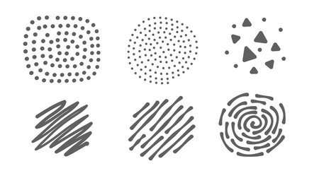 Vector set of different beautiful textured spot on white color background. Flat line art style design of line and dot brush for web, banner, poster, printのイラスト素材