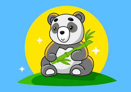 Vector illustration of panda animal with bamboo on green grass background with yellow full moon. Flat line art style design of beautiful bear for web, banner, poster, printのイラスト素材