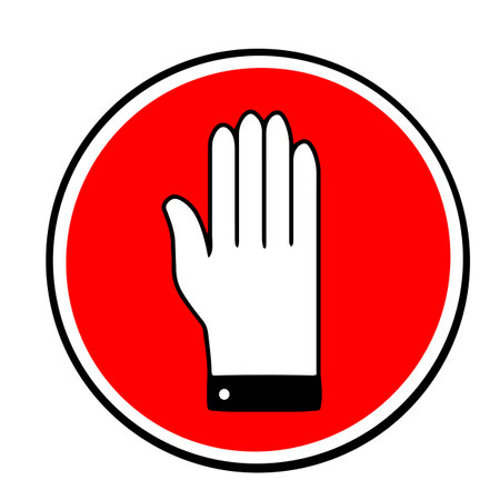 Vector illustration of warning sign with male hand on red color background. Flat line art style design of hand and stop symbol for web, banner, poster, printのイラスト素材