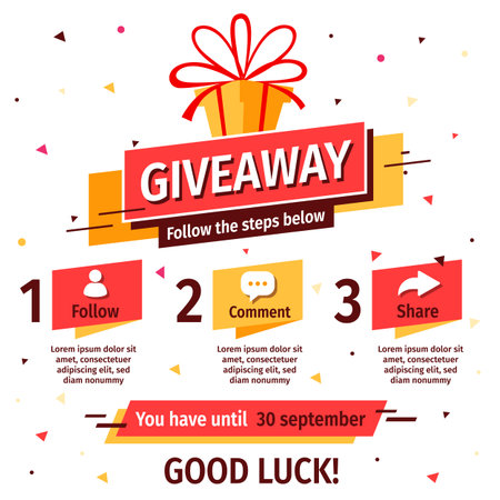 Vector quiz template with illustration of gift box on white color background with word giveaway. Social media design for web, contest post, banner, poster, flyerのイラスト素材