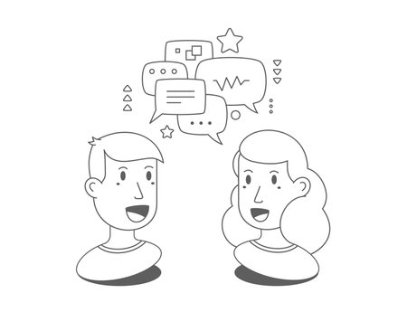 Vector illustration of black and white male and female head with speech bubble on white color background. Flat line art style isometry design of communication people for web, banner, poster, printのイラスト素材