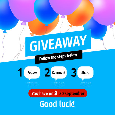 Vector quiz template with illustration of air balloon on white and blue color background with word giveaway. Social media design for web, contest post, banner, poster, flyerのイラスト素材