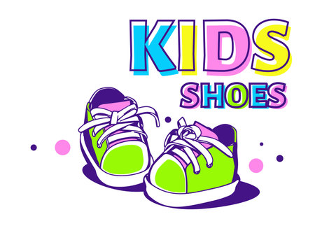 Vector illustration of bright kids cute shoes on white color background with header. Flat line art style design of child boots for web, banner, poster, printのイラスト素材