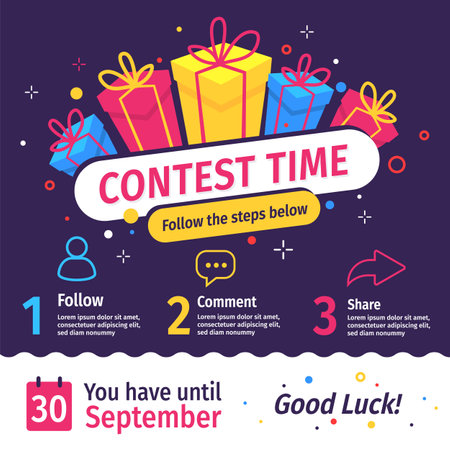 Vector quiz template with illustration of gift box on white color background with word ontest time. Social media design for web, giveaway post, banner, poster, flyerのイラスト素材