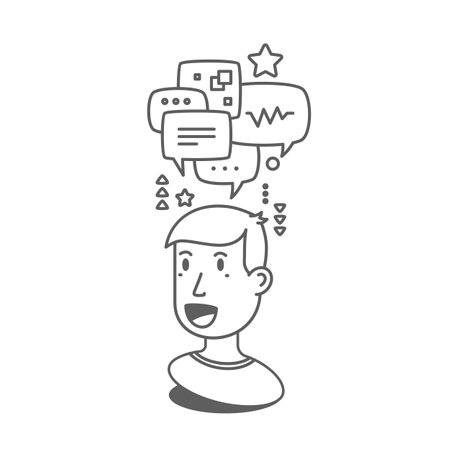 Vector illustration of black and white male head with hair and fly speech bubble on white color background. Flat line art style isometry portrait design of communication man for web, banner, poster, printのイラスト素材