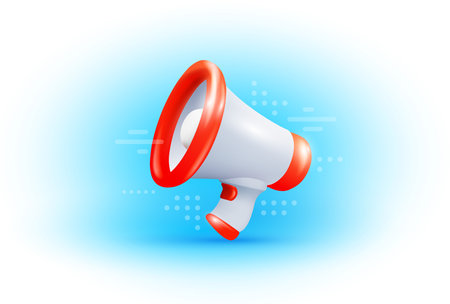 Vector business illustration of megaphone on white and blue color background with shadow. 3d style design of white and red megaphone for web, marketing banner, poster, printのイラスト素材