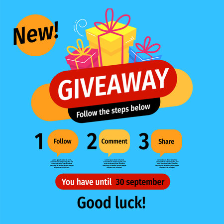 Vector quiz template with illustration of gift box on blue color background with word giveaway. Social media design for web, contest post, banner, poster, flyerのイラスト素材