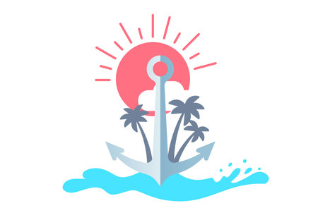 Vector sea illustration of old anchor with palm tree and red sun on white color background. Flat style design of anchor with wave for web, banner, poster, printのイラスト素材
