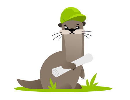 Vector illustration of beautiful animal otter in safety helmet with paper roll document on white color background with green grass. Flat style design of otter with mustache for web, banner, poster, print, card, stickerのイラスト素材