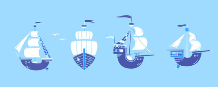 Vector set of illustration of old ship with white sail and wave on blue color background. Flat line art style design of different ship at sea for web, banner, poster, printのイラスト素材