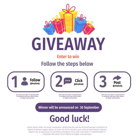 Vector quiz template with illustration of gift box on white color background. Social media design with word giveaway for web, contest post, banner, poster, flyerのイラスト素材
