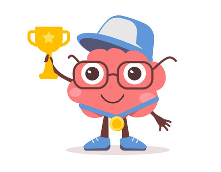 Vector illustration of happy brain character with glasses, cap and golden winner cup. Flat style design of business pink brain character with medal on white color background for web, banner, poster, printのイラスト素材