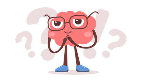 Vector illustration of happy brain character with glasses and question with exclamation mark. Flat style design of business pink brain character on white color background for web, banner, poster, printのイラスト素材