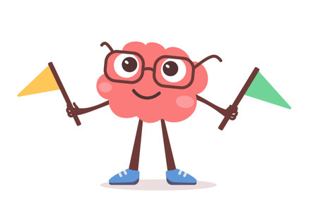Vector illustration of happy brain character with glasses and flag. Flat style design of business pink brain character on white color background for web, banner, poster, printのイラスト素材